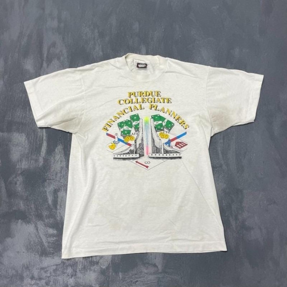 Vintage Purdue Financial Planner T-Shirt Men Large White 1990s Screen Stars Best